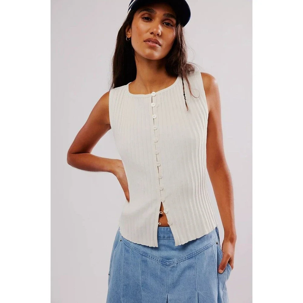 Free People Tilly Vest Blouse Top Knit Ribbed Buttondown Scoop-Neck L 286207 - Picture 4 of 9